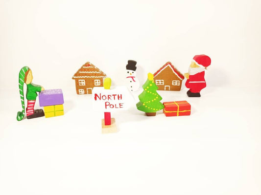 Santa village wooden toy set, santa wooden toy set, waldorf wooden toy set, waldorf santa, santa with gifts toy set, open ended play toy set