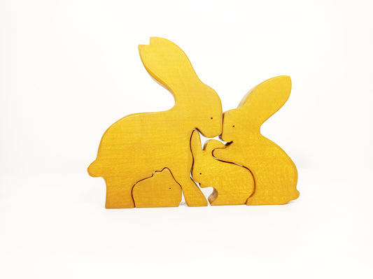 Wooden rabbits family puzzle, wooden hare family puzzle toy set, home decor, waldorf animal family wooden toy set, animal figurines