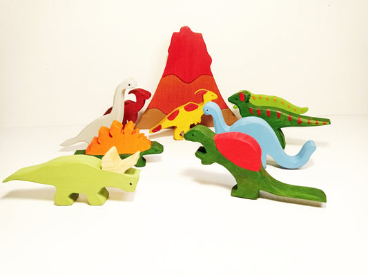 Dinosaur world with volcano stacking toy set, wooden waldorf toys, gift for kids, stacking toys, wooden animals dinosaur, dino wood toy gift