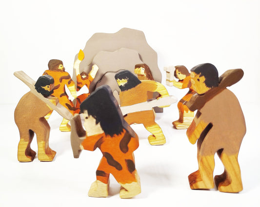 Caveman with cave 8pcs wooden toy set, waldorf wooden toy, wooden prehistoric inspired toys, prehistoric people waldorf wooden toy