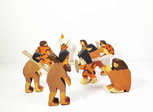 Caveman 9 pcs wooden toy set, waldorf wooden toy, wooden prehistoric inspired toys, prehistoric people waldorf wooden toy, neanderthal