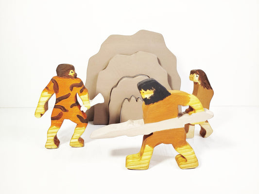 Caveman with cave wooden toy set, waldorf wooden toy, wooden prehistoric inspired toys, prehistoric people waldorf wooden toy, neanderthal