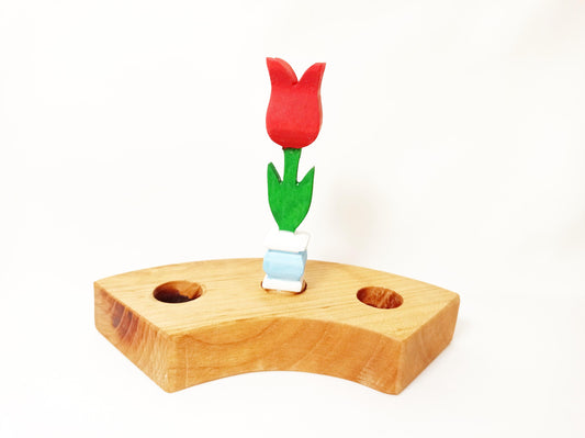 Tulip in  a vase celebration ring ornament, wooden birthday ring ornament, waldorf wooden ornaments, nature seasonal table decoration,