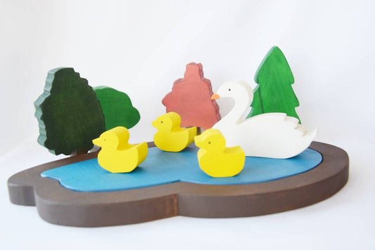 Pond with swan and ducks, wooden pond, waldorf lake toy, woodland animals, forest play scene, wooden toy set, christmas gift, kids gift