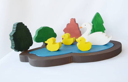Pond with swan and ducks, wooden pond, waldorf lake toy, woodland animals, forest play scene, wooden toy set, christmas gift, kids gift