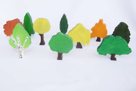 Trees, four wooden trees, wooden play scene, wooden trees toy set, waldorf play scene, wooden toy set, woodland play scene, imaginative play