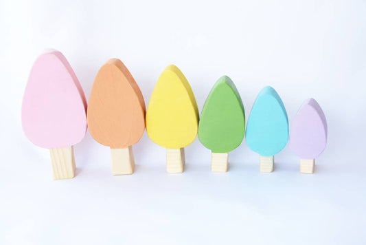 pastel trees, wood toy, wooden trees toy, pastel toy, loose parts, waldorf toy, rainbow toy set, rainbow decoration, mushrooms, gift for kid