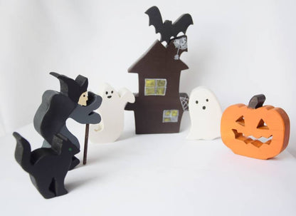 Witch house wooden set, halloween toy set, waldorf inspired, halloween decor, haunted house, wooden jack o' lantern, wooden witch, halloween