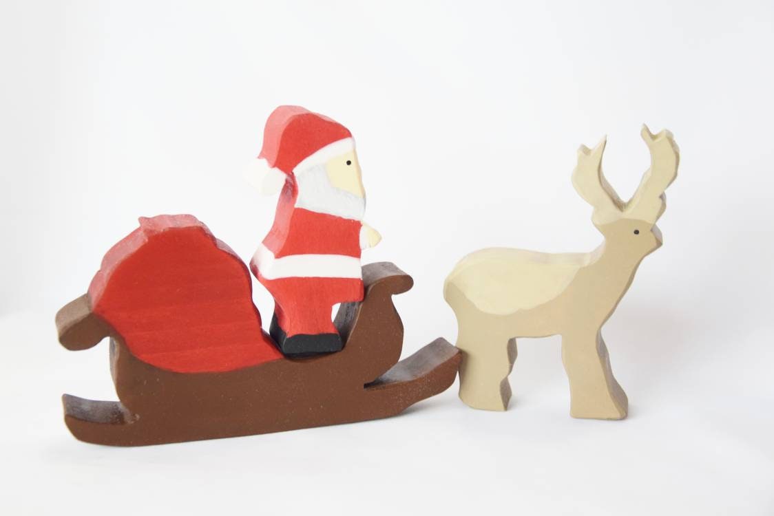 Santa sleigh with raindeer, santa wooden toy set, wooden christmas decor, waldorf toy set, first christmas gift, wooden santa sleigh