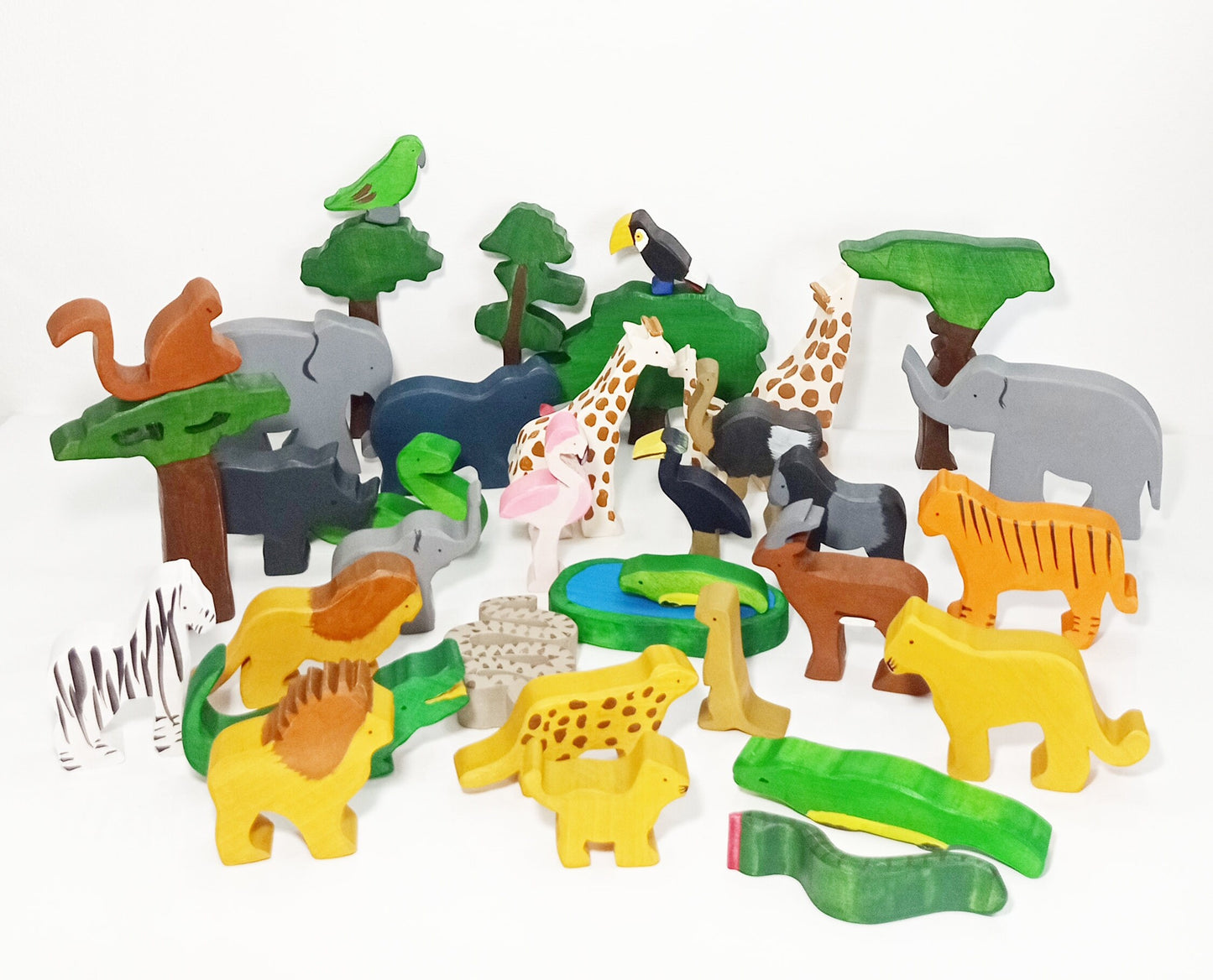 Safari exotic animals wooden toy 36pieces set, wooden animals toy set, waldorf inspired wooden animals, christmas birthday gift for kids