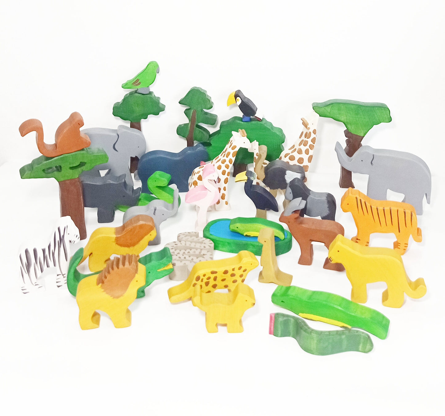 Safari exotic animals wooden toy 36pieces set, wooden animals toy set, waldorf inspired wooden animals, christmas birthday gift for kids